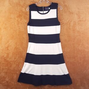 JUST TAYLOR Womens Dress Large Ivory Black Stripe Fit Flare Midi Knit